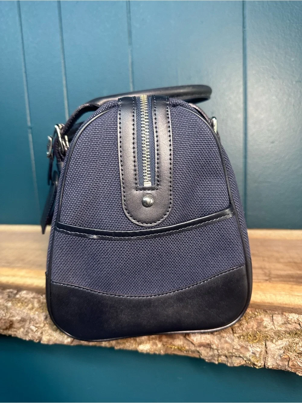Tru Trussardi Navy Canvas & Black Leather Satchel